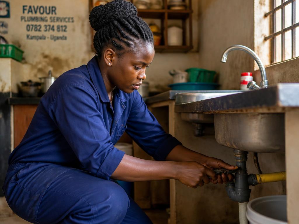 A plumber at work in a Kampala kitchen