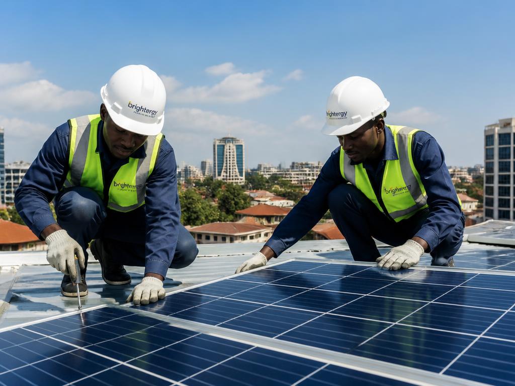 A solar installer fitting panels on a Kampala rooftop